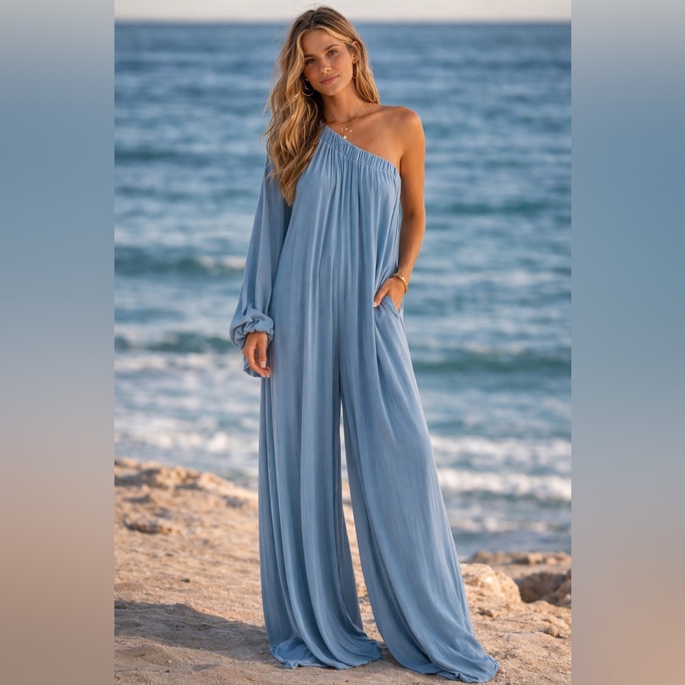 One-Shoulder Wide Leg Jumpsuit in Light Blue